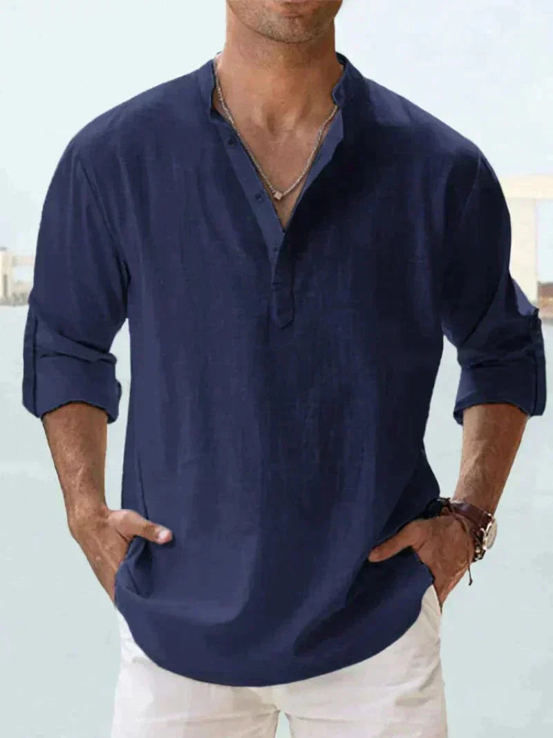 Stylish men's breathable linen blend summer shirt in beige, short sleeve, ideal for warm weather