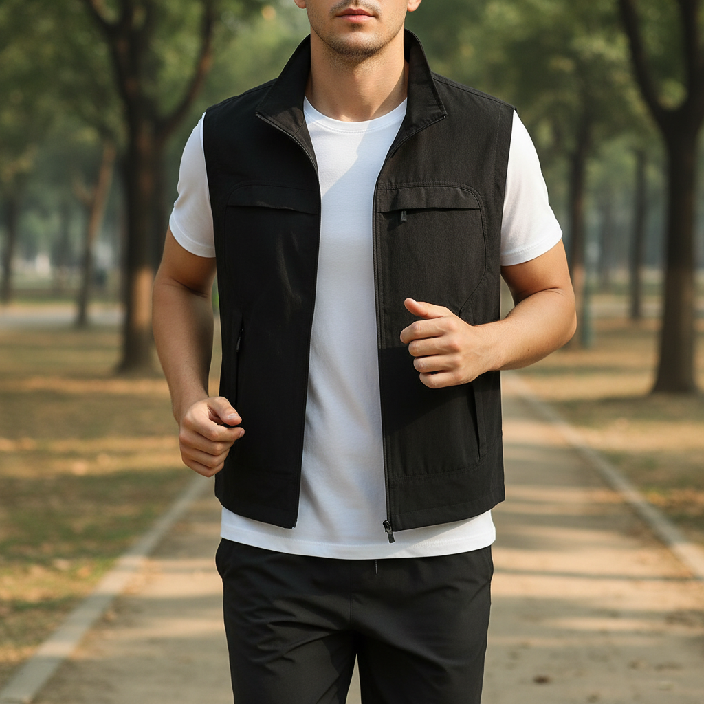 Men's lightweight breathable performance vest, gray, front view for athletic activities