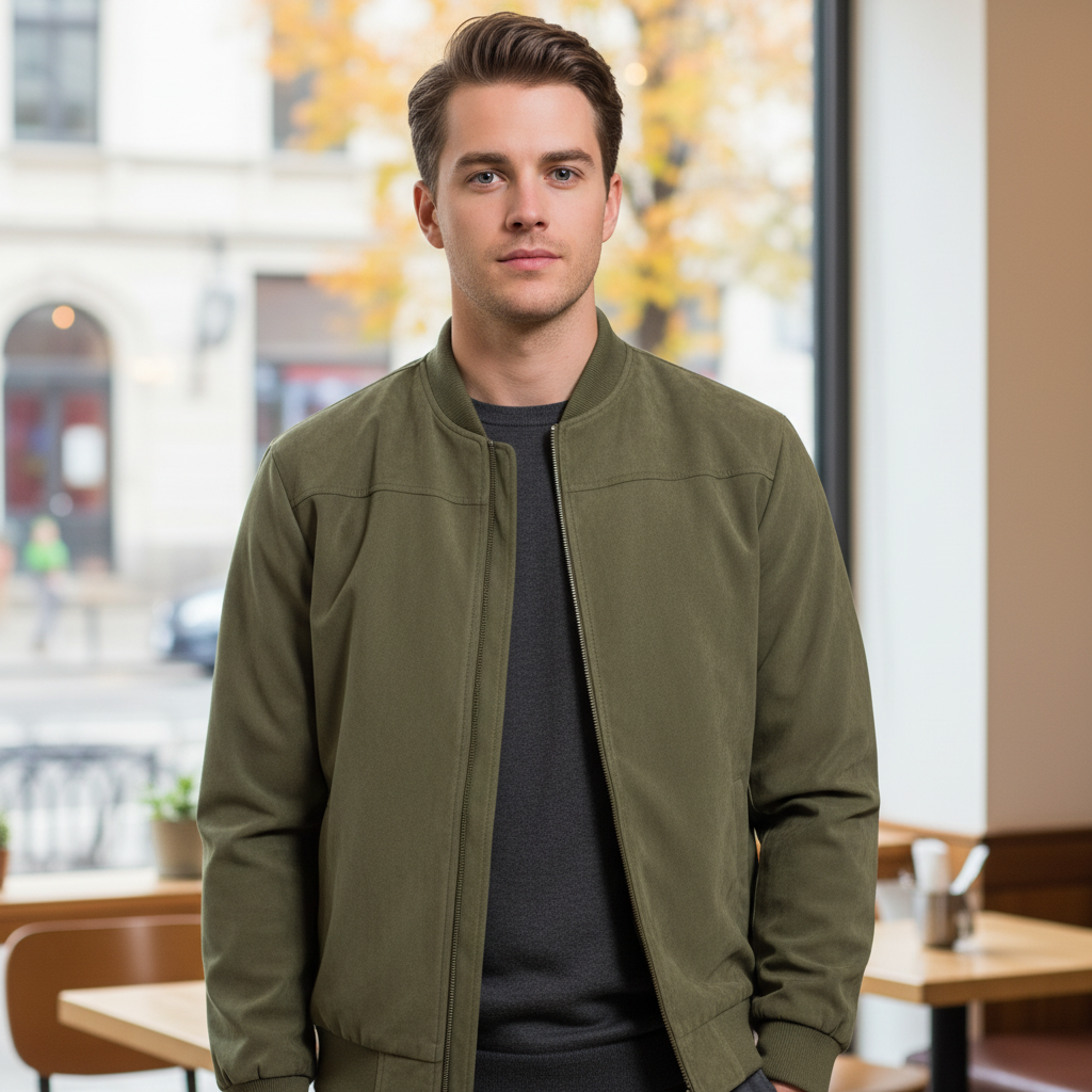 Men's lightweight brown faux suede transition jacket with stand collar, perfect for autumn casual wear