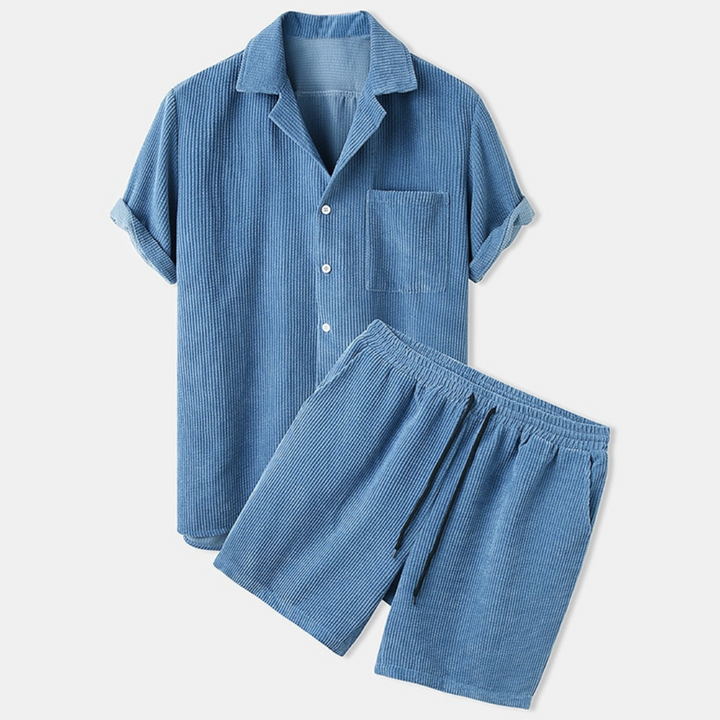 Lightweight men's summer shirt & matching shorts outfit. Ideal for hot weather, beach fashion & summer style.
