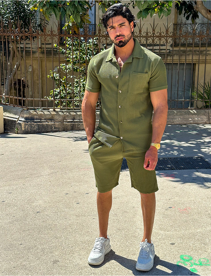 Full view of a men's relaxed fit summer outfit: lightweight two-piece shirt & shorts set for ultimate comfort.