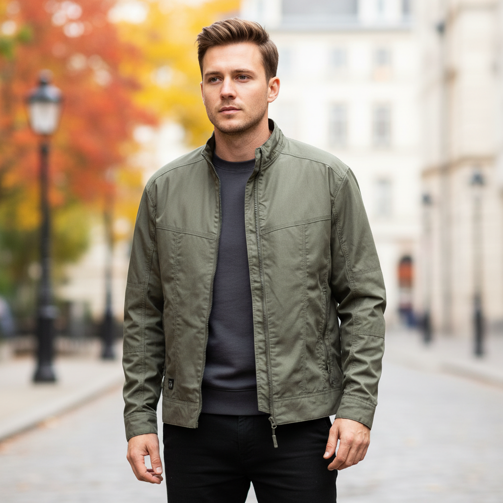 Men's lightweight cotton blend transitional jacket, full zip, for smart casual autumn winter fashion