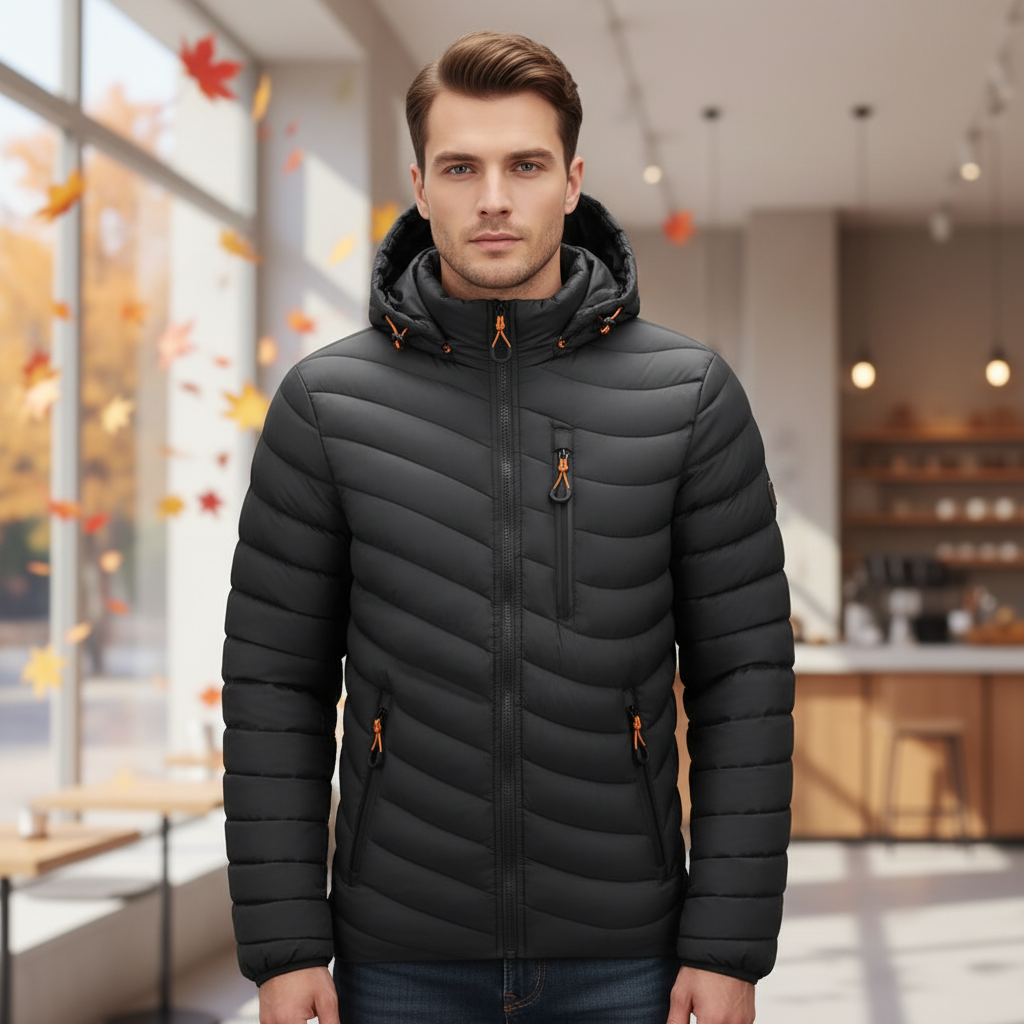 Men's lightweight down jacket, black, with removable hood, water repellent, for winter and casual wear
