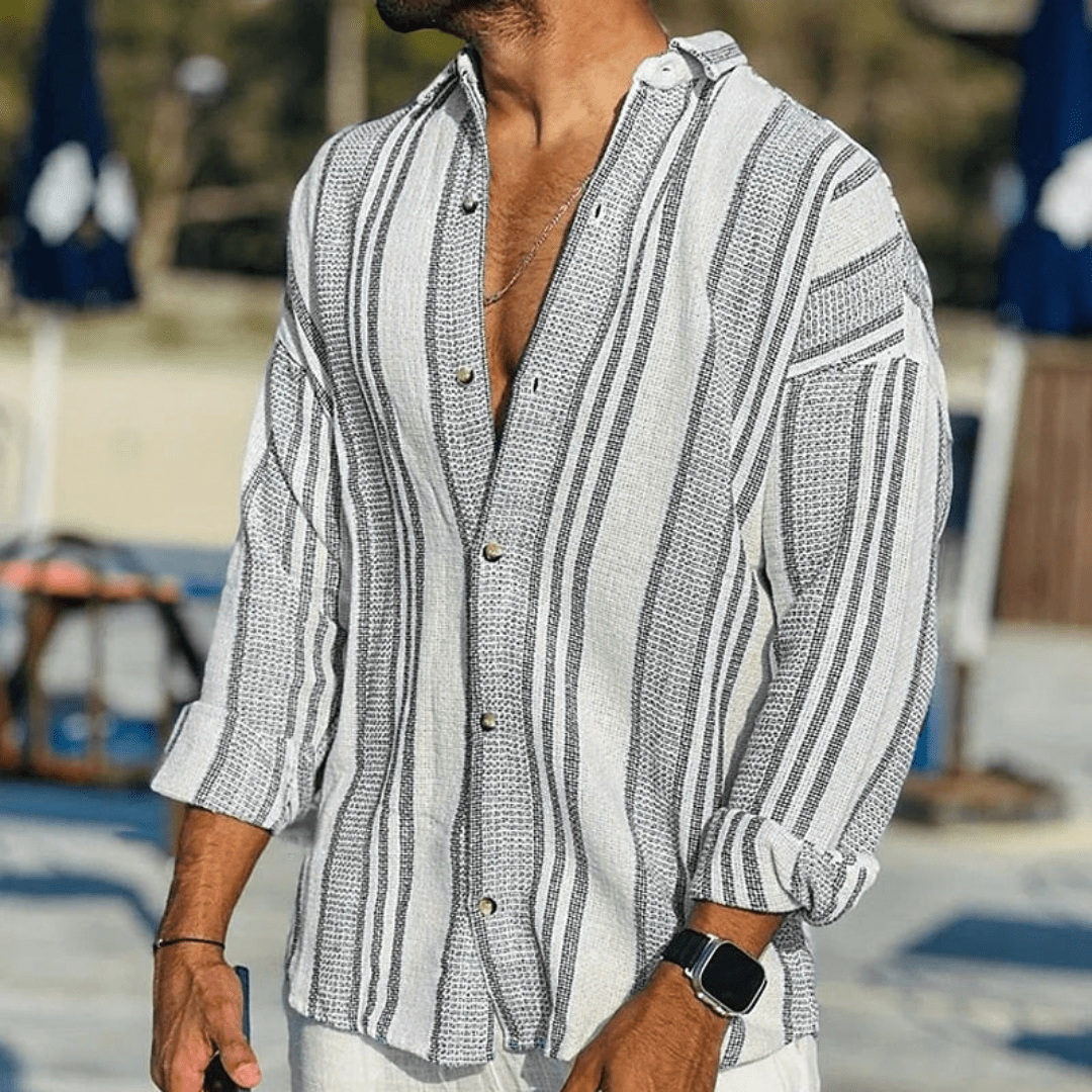 Close-up of men's casual button-down summer shirt fabric, lightweight and breathable