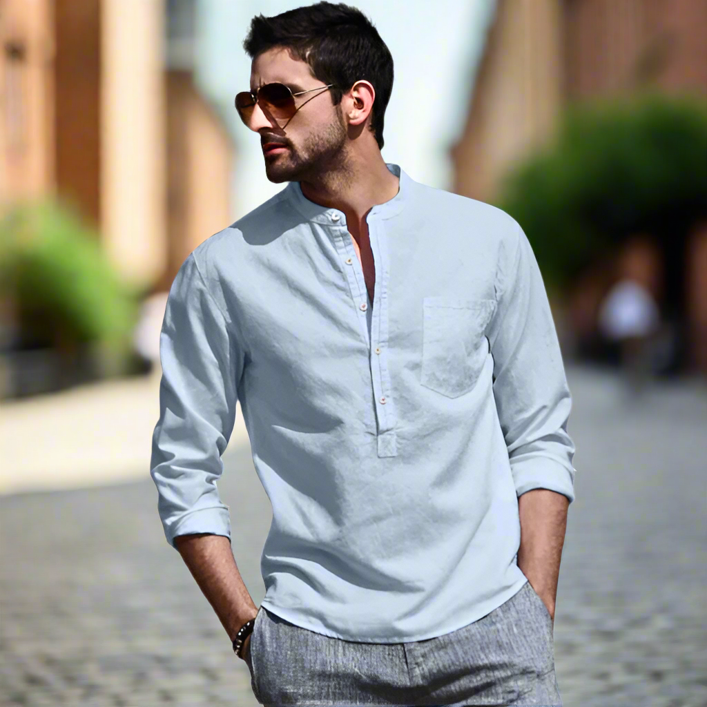 Casual men's linen shirt, button-up design, ideal for comfortable and stylish men's clothing