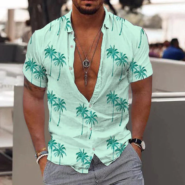 Stylish men's short-sleeve linen shirt on model, showcasing its comfortable fit for warm weather & beachwear.