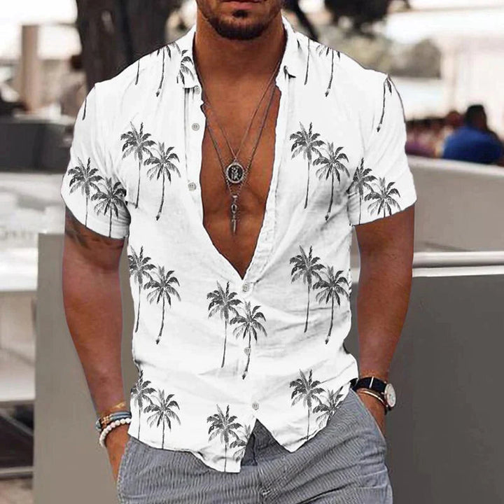 Close-up of men's linen short-sleeve shirt fabric, highlighting its breathable, lightweight texture & quality buttons.