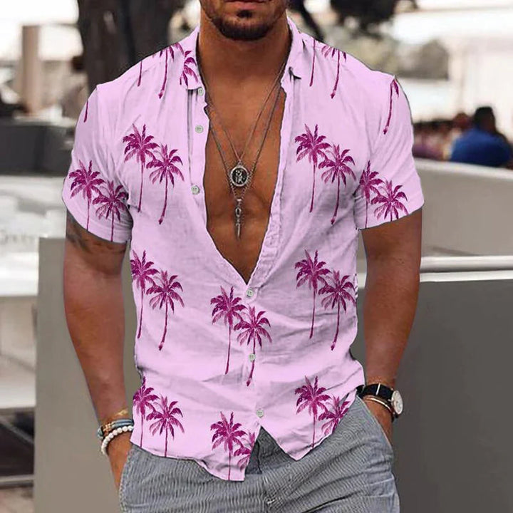 Casual men's short-sleeve linen button-down shirt in a light color, ideal for summer fashion & relaxed outings.