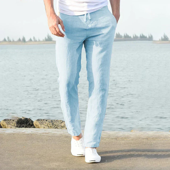 Relaxed fit men's linen trousers, breathable and comfortable, perfect for casual summer days or vacation.