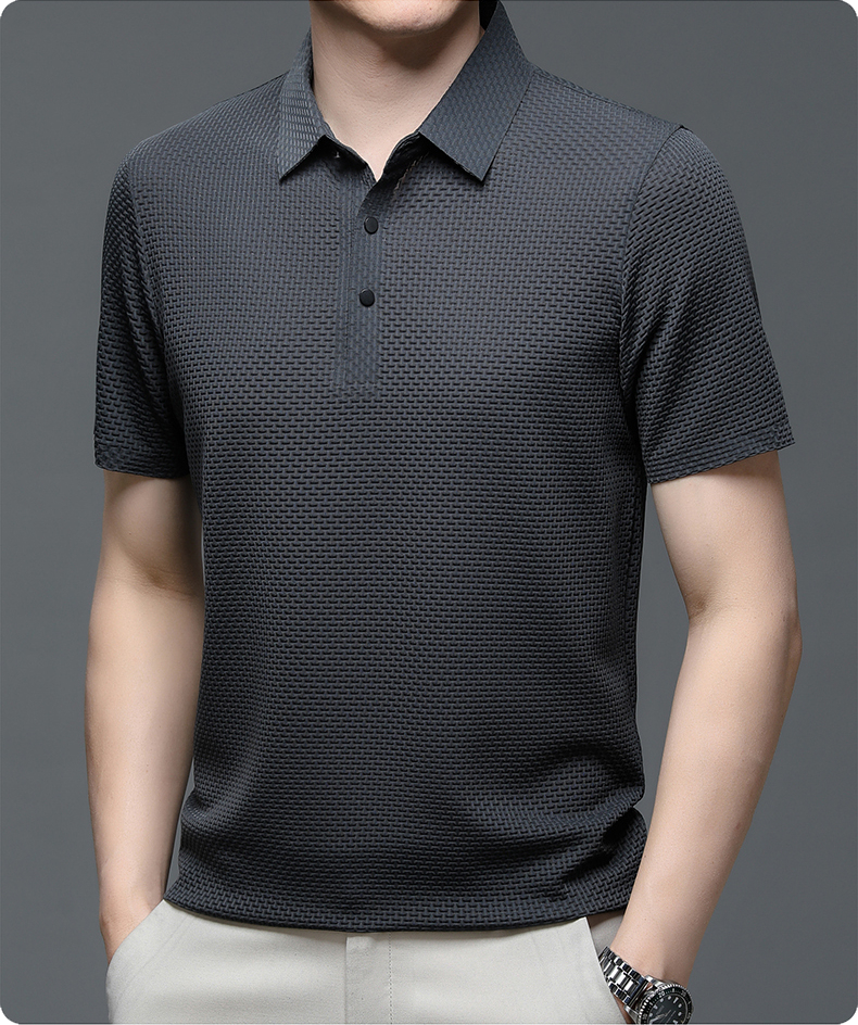Detail of collar & buttons on a stylish Matteo men's polo, highlighting quality craftsmanship & modern fit.