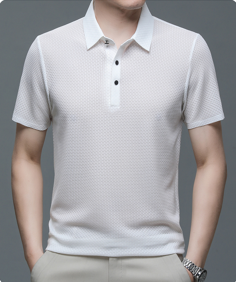 Breathable mesh fabric drape of Matteo men's polo, showing lightweight design, comfort, and modern fit.
