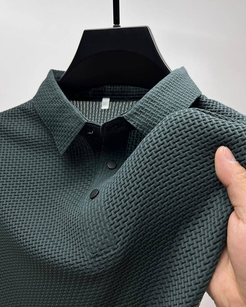 Front view of a modern fit Matteo men's polo, designed for comfort, versatility, and everyday style.