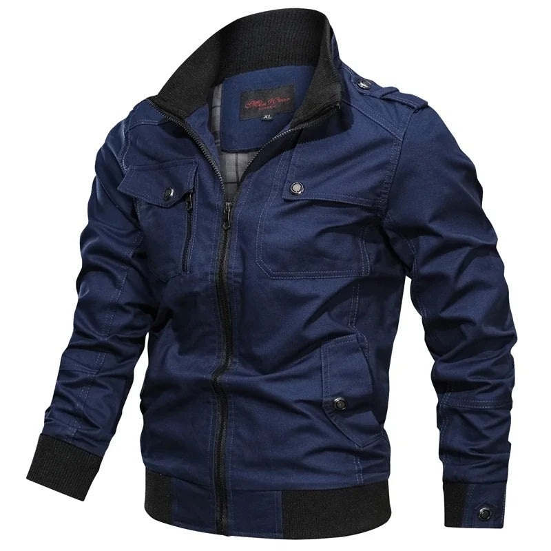 Stylish men's casual summer jacket, lightweight and breathable. Features a cool motorcycle-inspired design & collar.