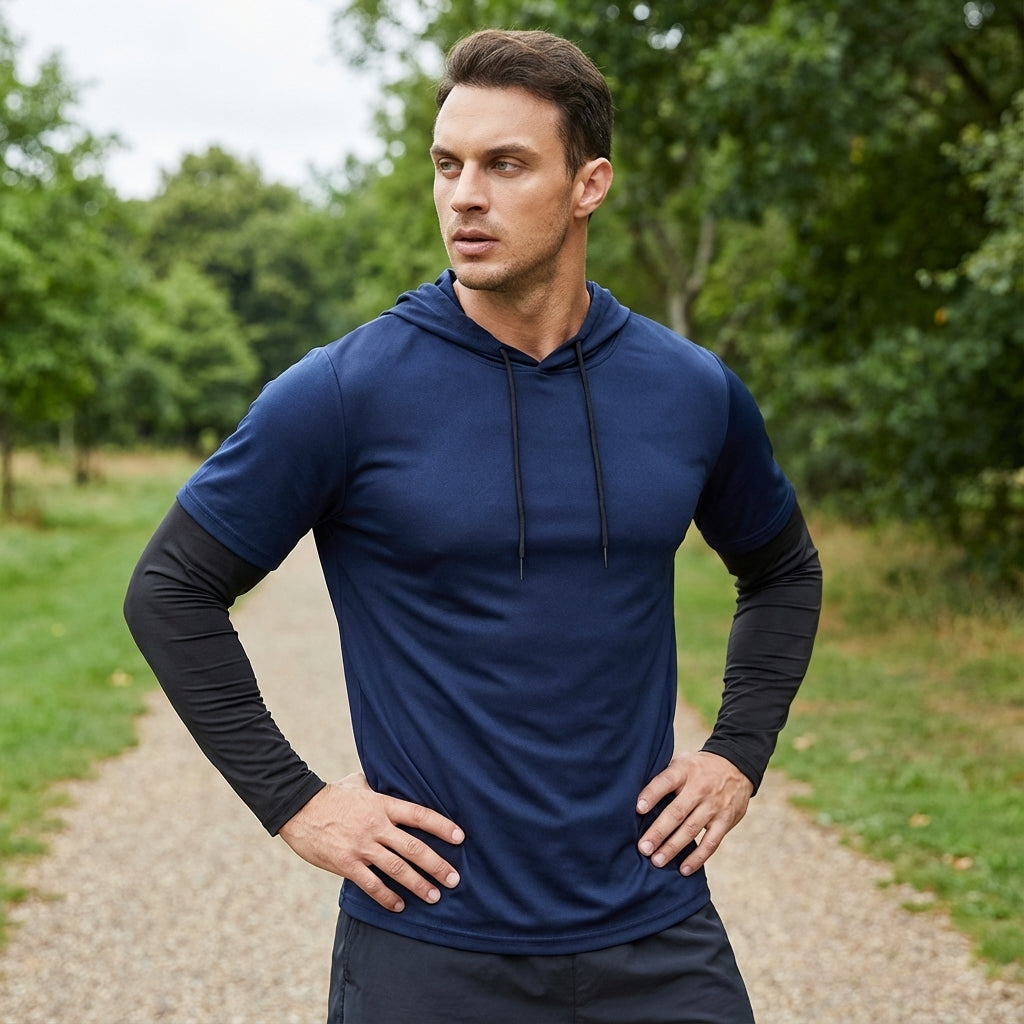 Men's lightweight performance training hoodie in gray, quick-dry polyester-spandex, ideal for running and fitness.