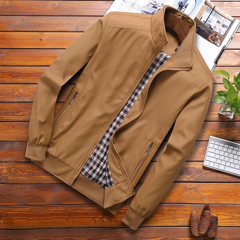 Front view: men's collared windbreaker. This lightweight summer jacket offers casual style & protection.
