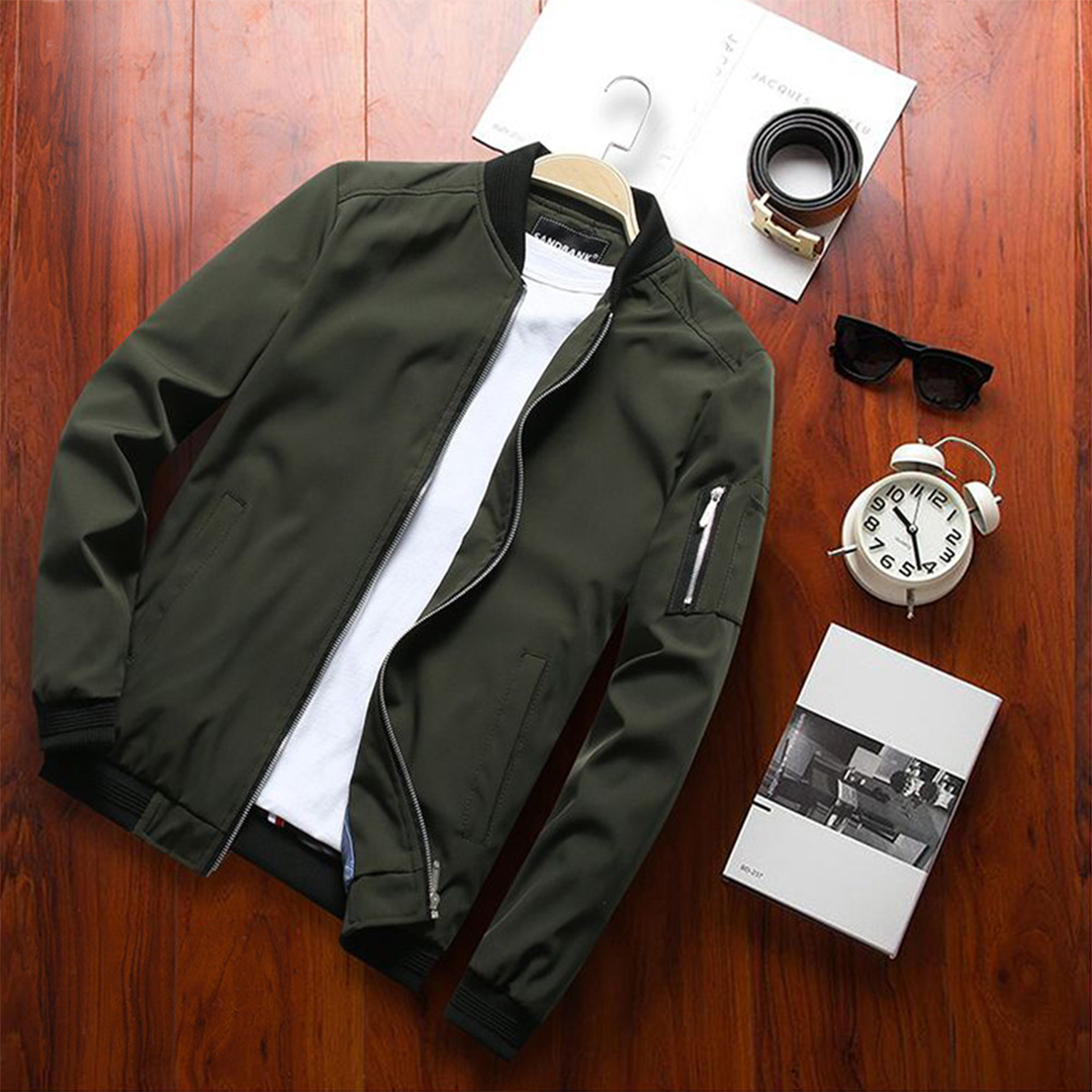Water-resistant men's lightweight summer bomber jacket. Perfect zip-up spring & travel outerwear.
