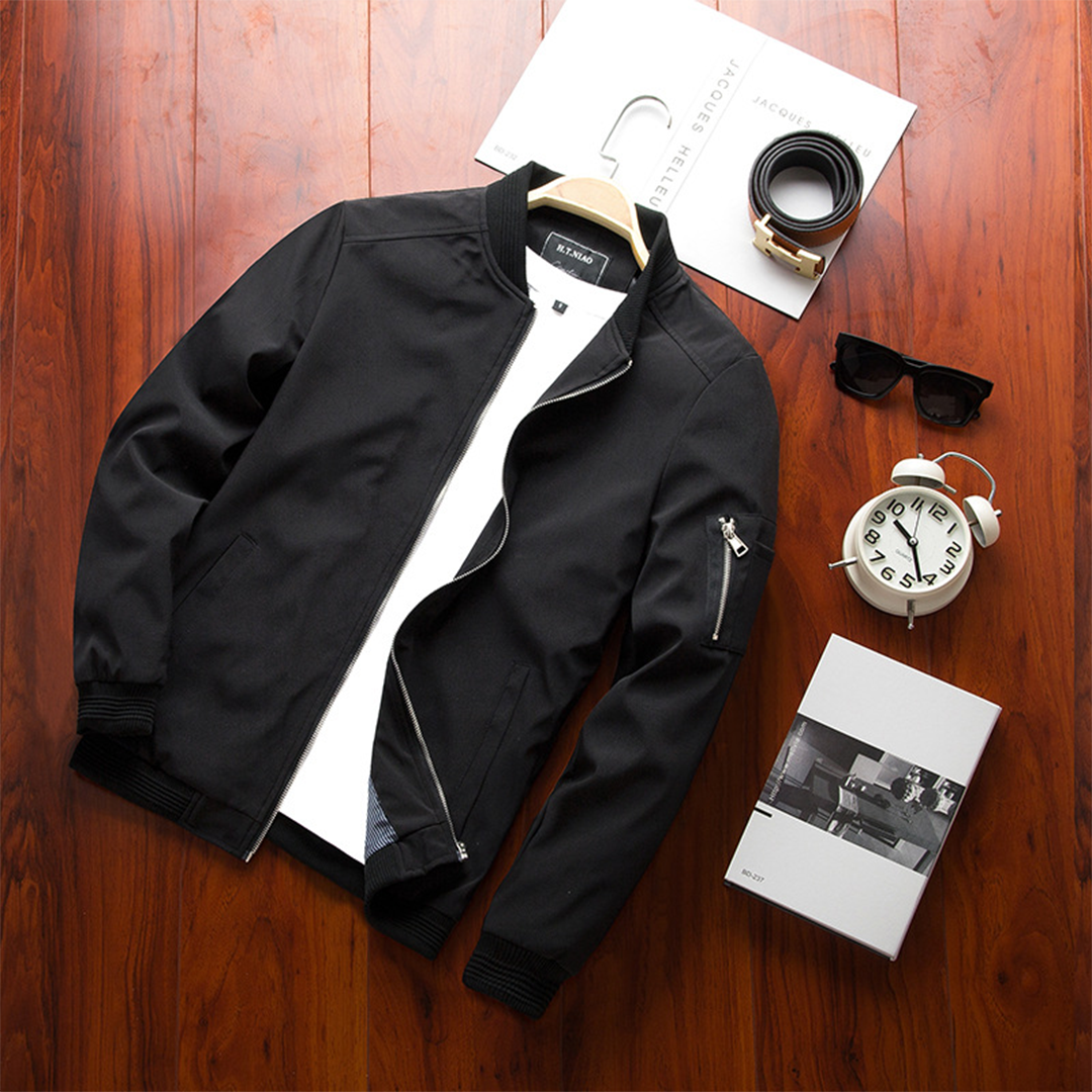 Lightweight men's travel jacket, zip-up bomber style. Great for summer & spring casual outerwear.