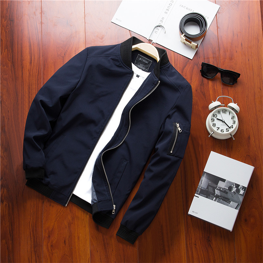 Zip-up men's lightweight bomber jacket, water-resistant for spring/summer casual wear.