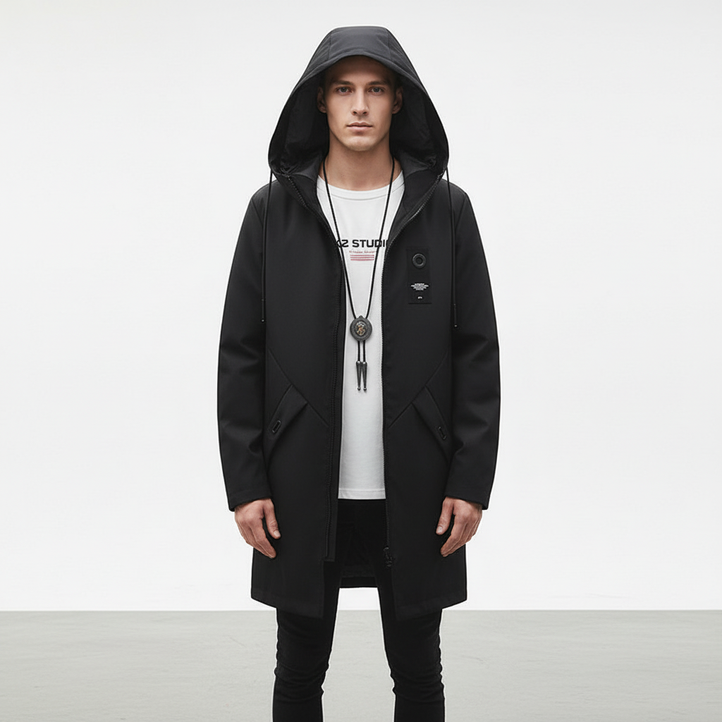 Back view of a men's warm black hooded winter jacket, emphasizing its length and durable construction.