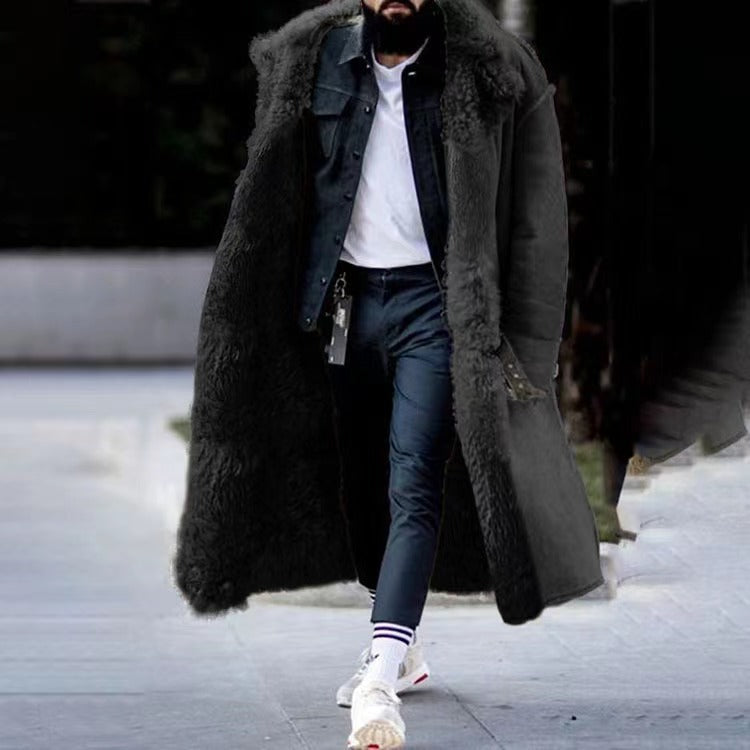Men's long luxury black winter coat. Stylish, warm outerwear for cold weather, perfect for men's fashion.