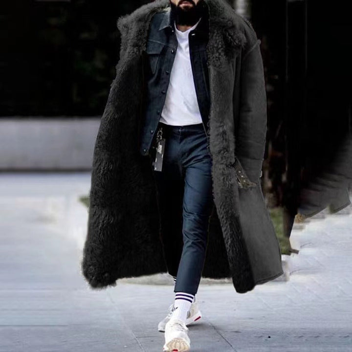 Men's long luxury black winter coat. Stylish, warm outerwear for cold weather, perfect for men's fashion.