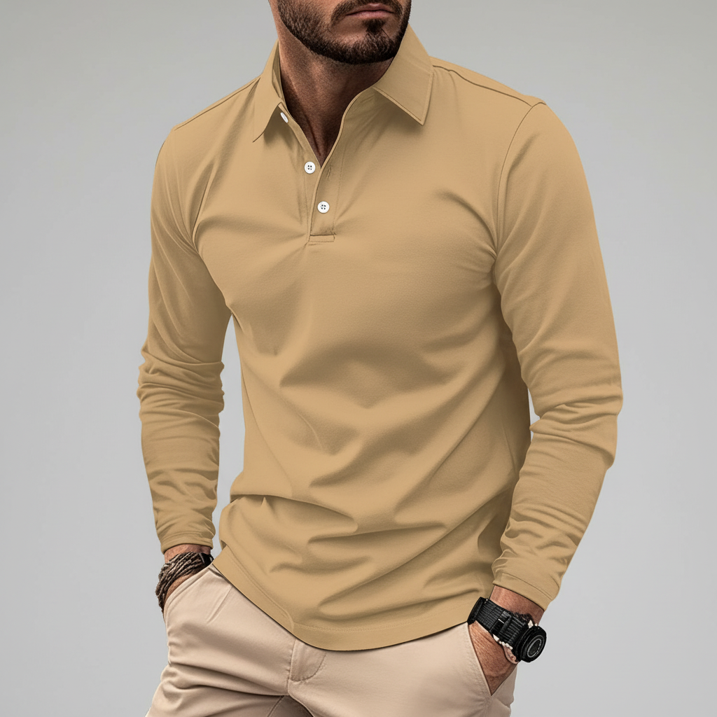 Collection of men's long sleeve stretch polos in various colors, for diverse mens fashion.
