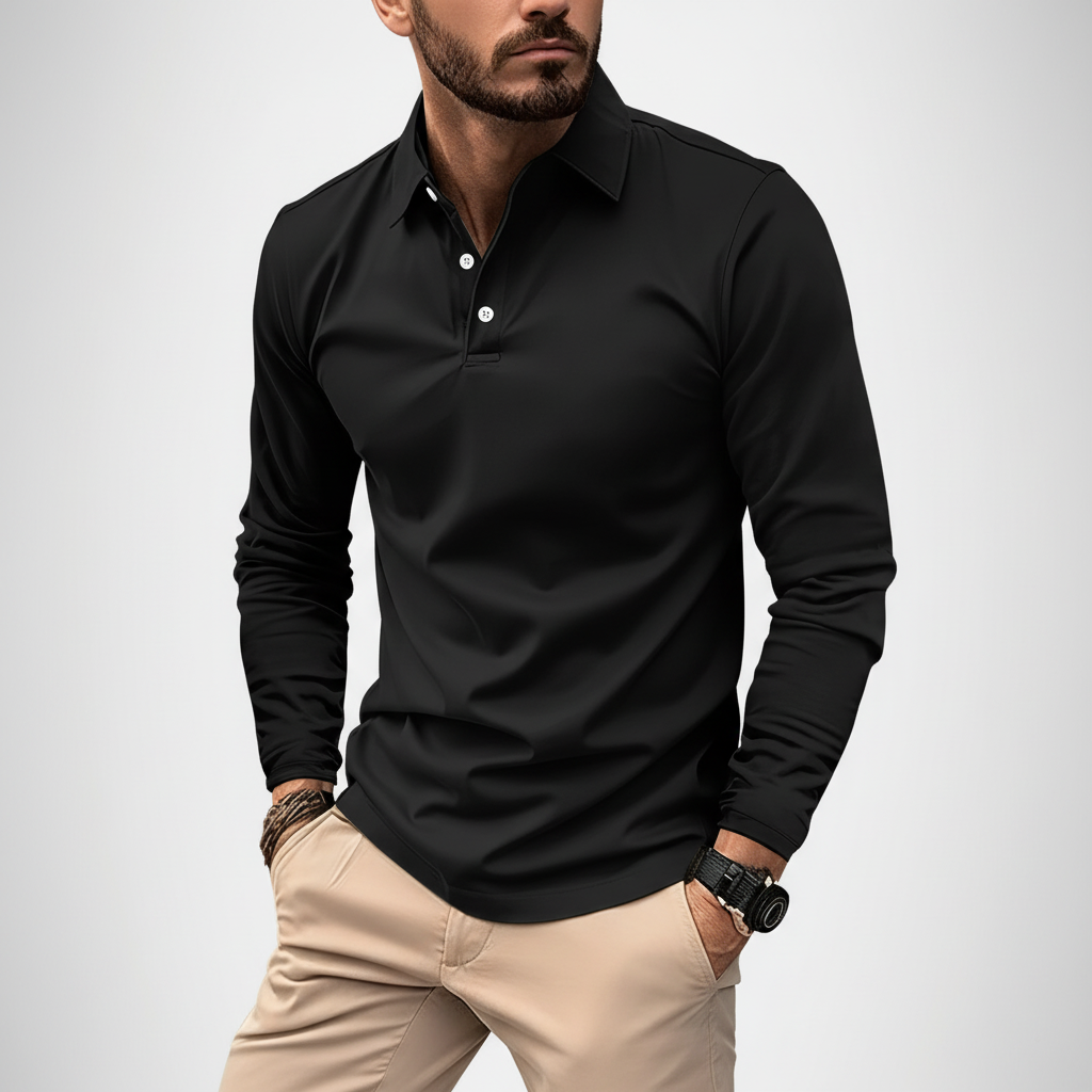 Classic black men's long sleeve polo shirt, versatile for both casual & business settings.