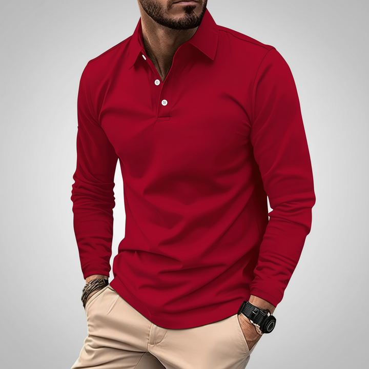 Close-up of the breathable fabric on a men's stretch long sleeve polo shirt, detail shot.