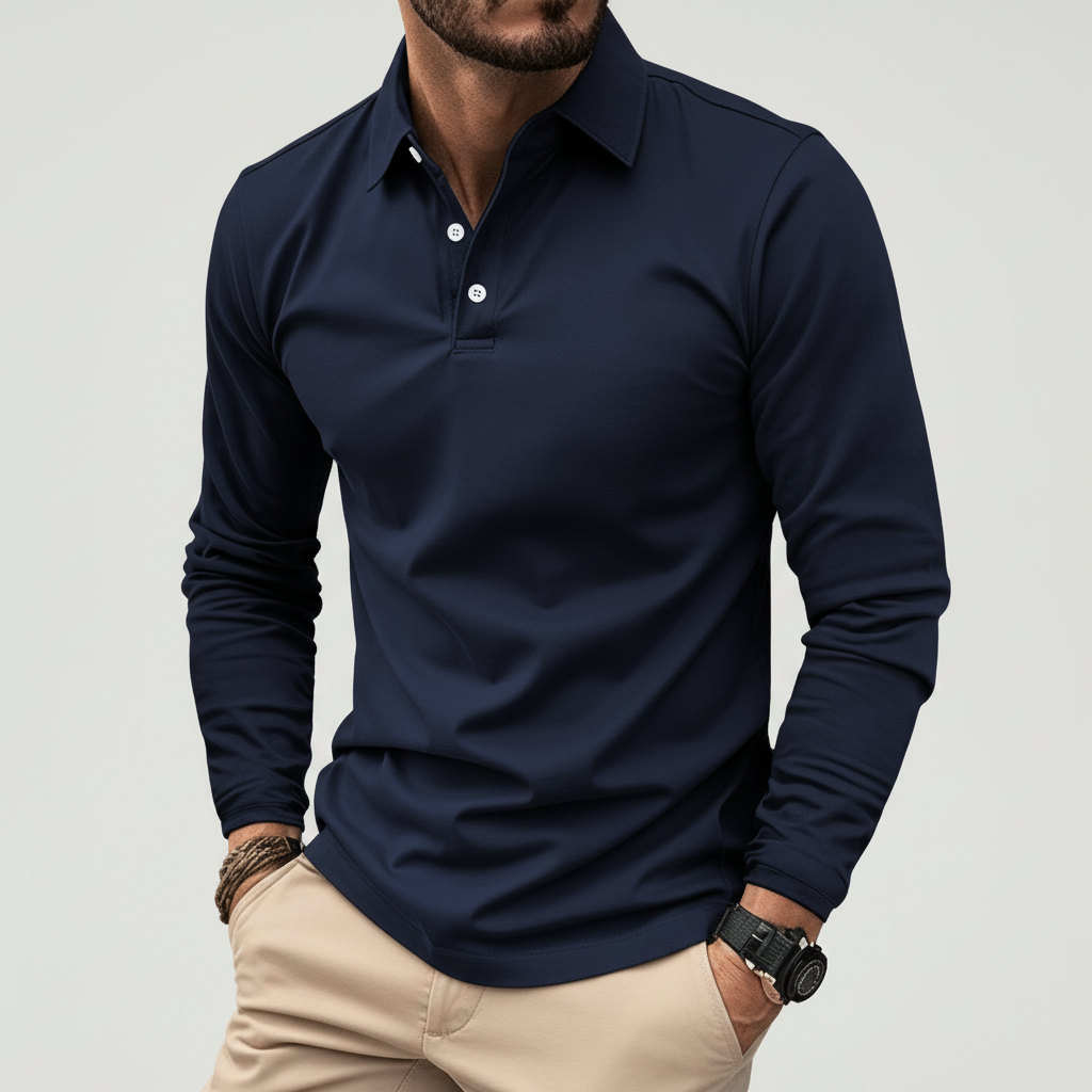 Model wearing a men's blue long sleeve polo, showcasing its fit for business casual attire.