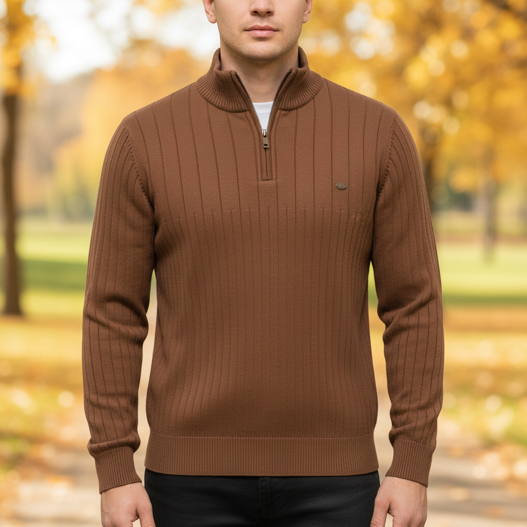Men's long-sleeve zip neck sweater, cotton blend, in navy blue, perfect for casual winter wear.