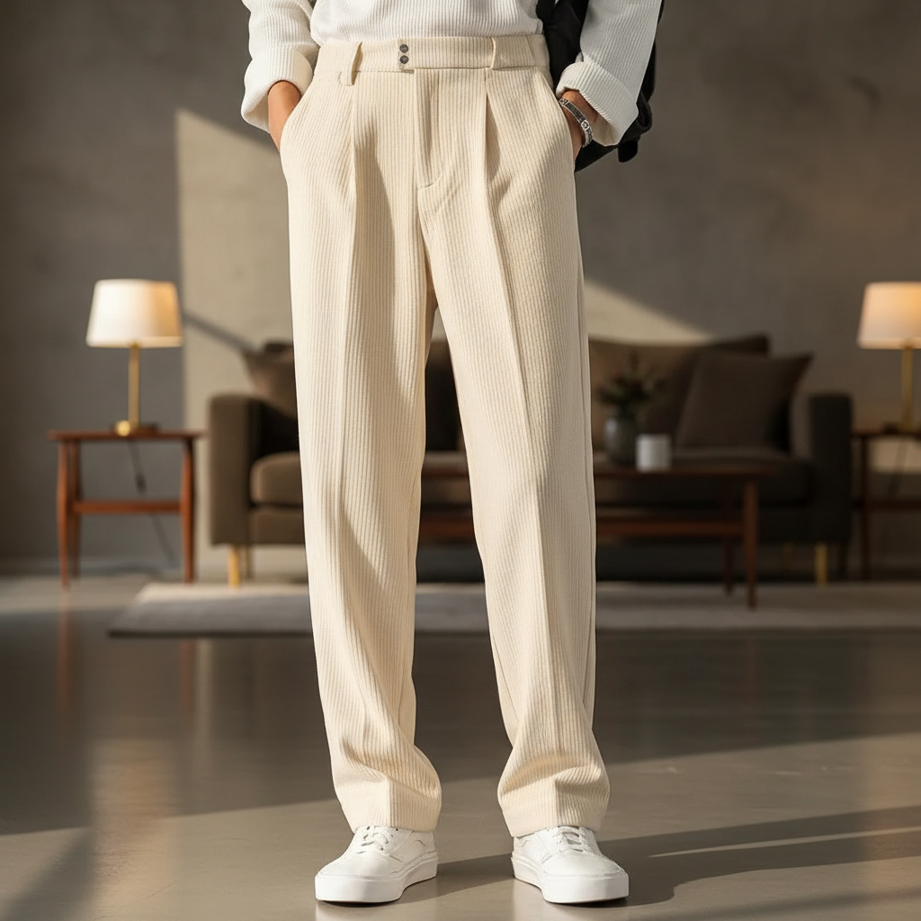 Men's loose fit casual trousers in beige, soft lining for comfort, ideal for everyday wear
