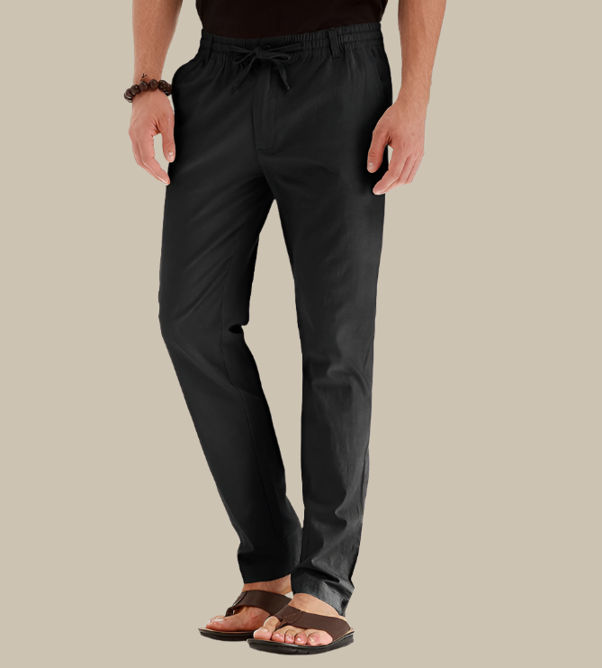 Relaxed fit men's casual trousers with elastic waist, perfect for summer comfort & daily wear.