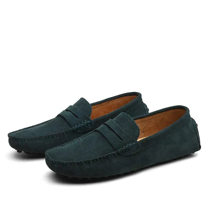 Stylish men's slip-on Italian suede loafers by Lorenzo, ideal for comfortable daily wear and travel.