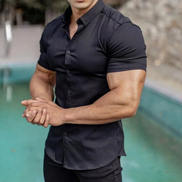 Stylish men's short sleeve summer shirt, slim fit and stretch fabric offer ultimate comfort and a modern silhouette.