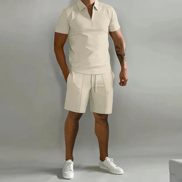 Men's Luxe Summer Polo & Shorts Set in breathable fabric for stylish, casual wear. Perfect vacation outfit.