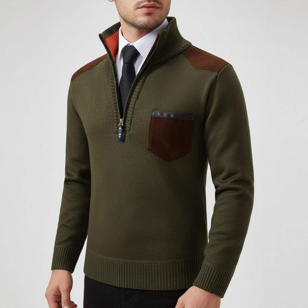 Model wearing a men's navy cashmere quarter-zip jumper, showcasing versatile style.