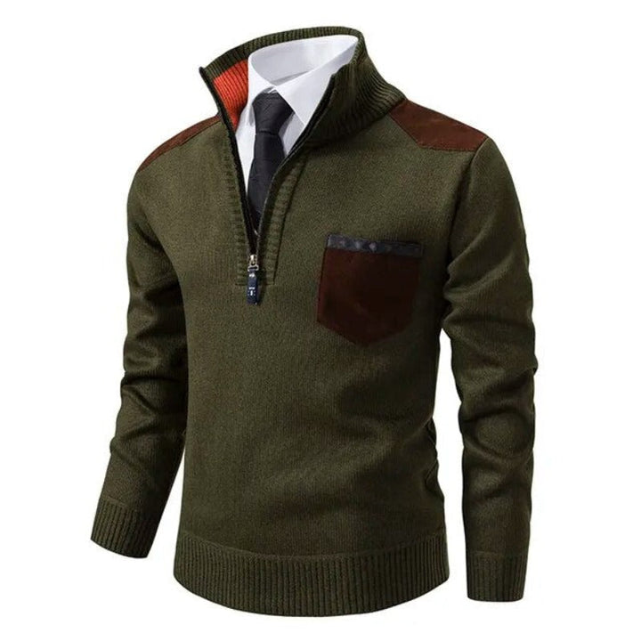 Stylish dark green men's cashmere quarter-zip sweater, offering warmth and elegance.