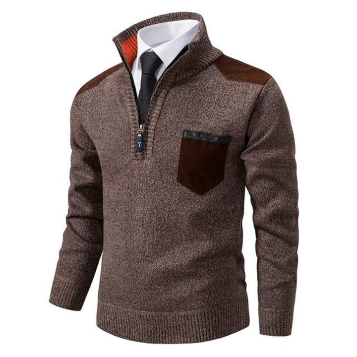 Front view of a black men's luxurious cashmere quarter-zip jumper for sophisticated style.