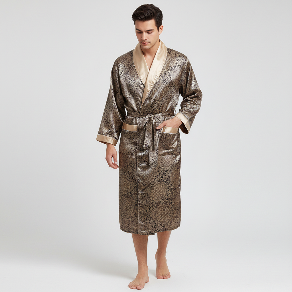 Close-up of the gold pattern on a premium men's black satin bathrobe, highlighting the luxurious detail.