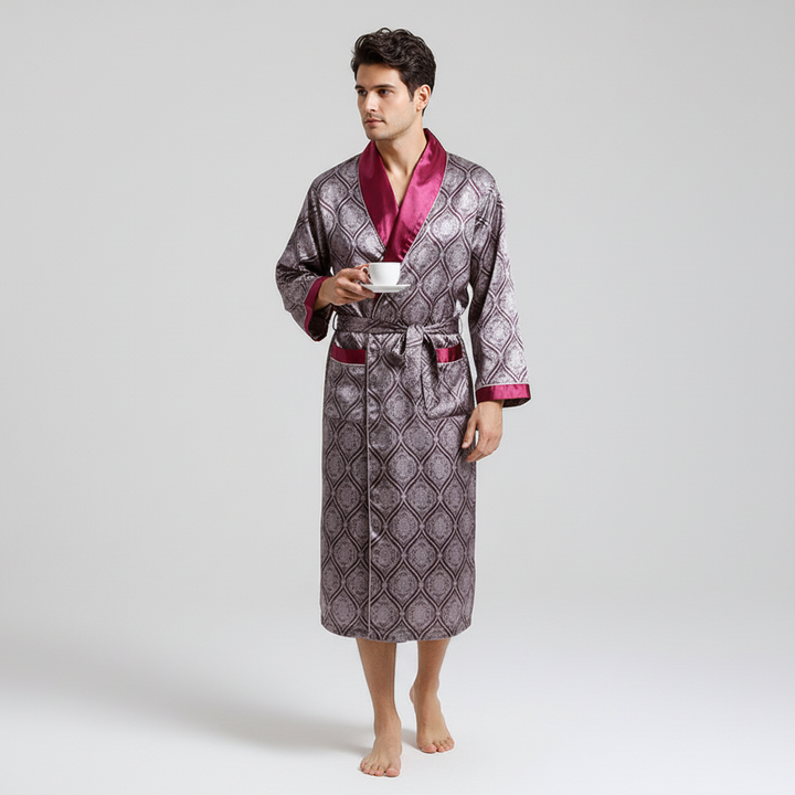 Men's comfortable luxury satin robe with a distinctive gold pattern, excellent for home loungewear.
