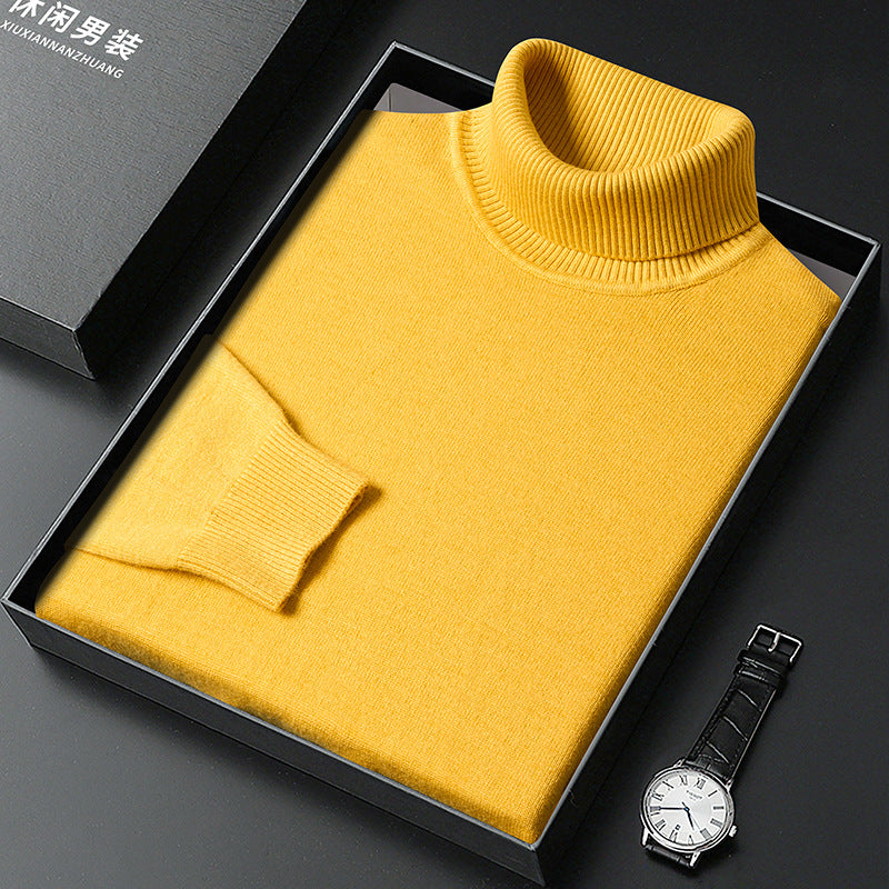 Close-up of a men's cashmere blend turtleneck sweater, showcasing its luxurious texture and warmth.