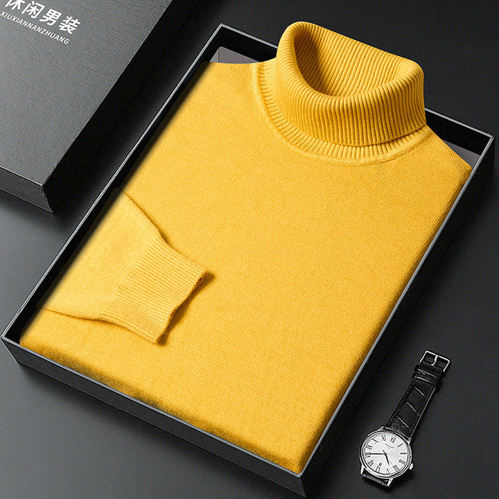 Close-up of a men's cashmere blend turtleneck sweater, showcasing its luxurious texture and warmth.