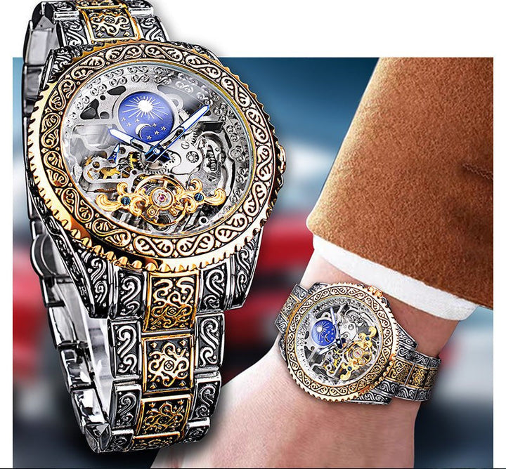 Men's luxury automatic skeleton mechanical watch with visible gears and stainless steel case, a sophisticated timepiece.