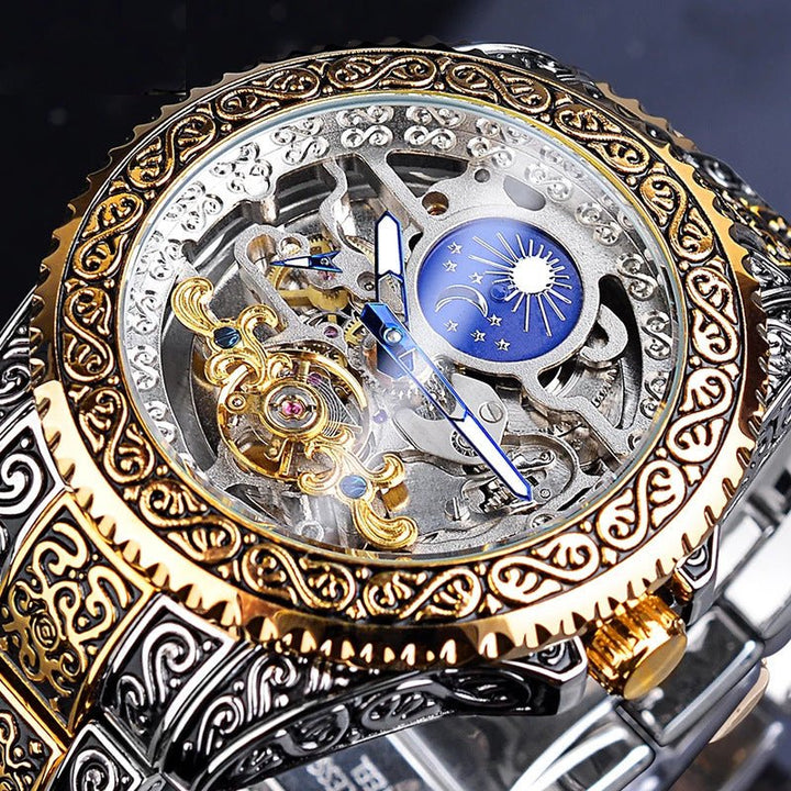 Automatic men's mechanical watch featuring a mesmerizing tourbillon movement and elegant skeleton dial design.