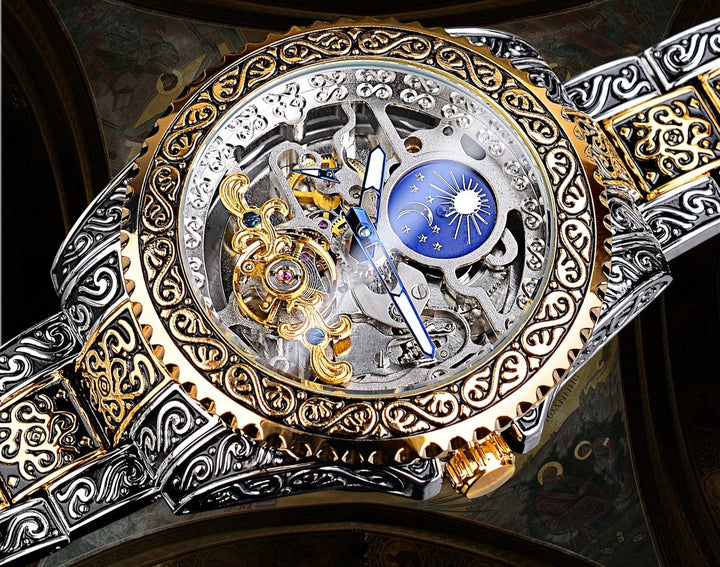 Stainless steel men's automatic skeleton watch, a luxurious mechanical accessory with intricate visible mechanisms.