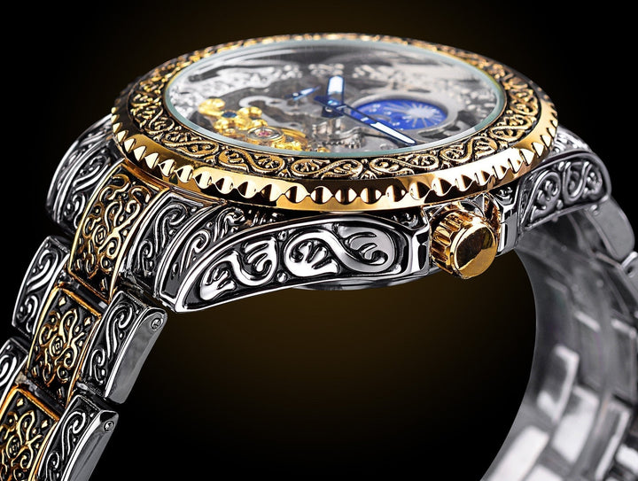 Close-up of a men's luxury automatic skeleton watch showcasing the intricate mechanical movement & polished details.