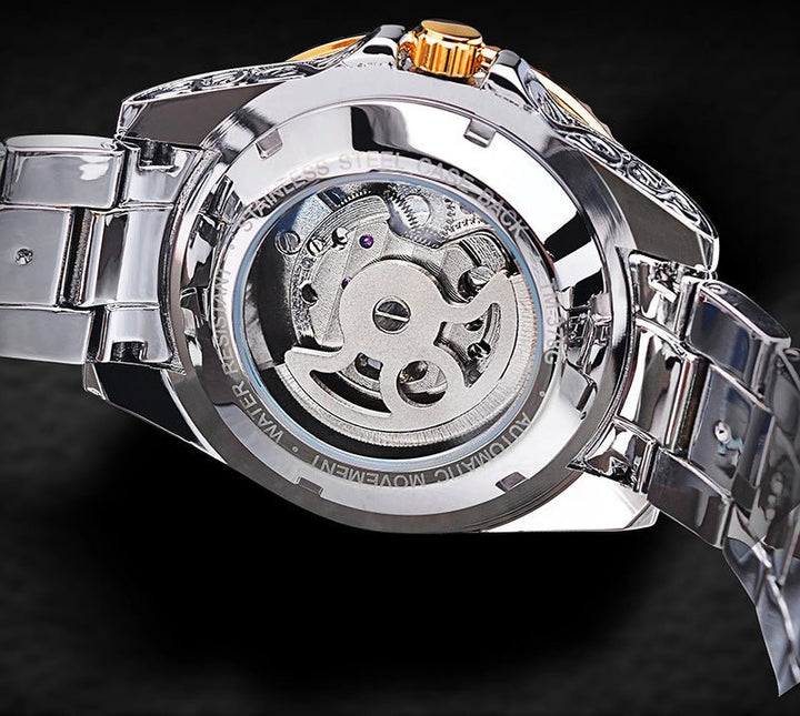 Elegant men's automatic skeleton mechanical watch, a sophisticated stainless steel timepiece for the modern man.