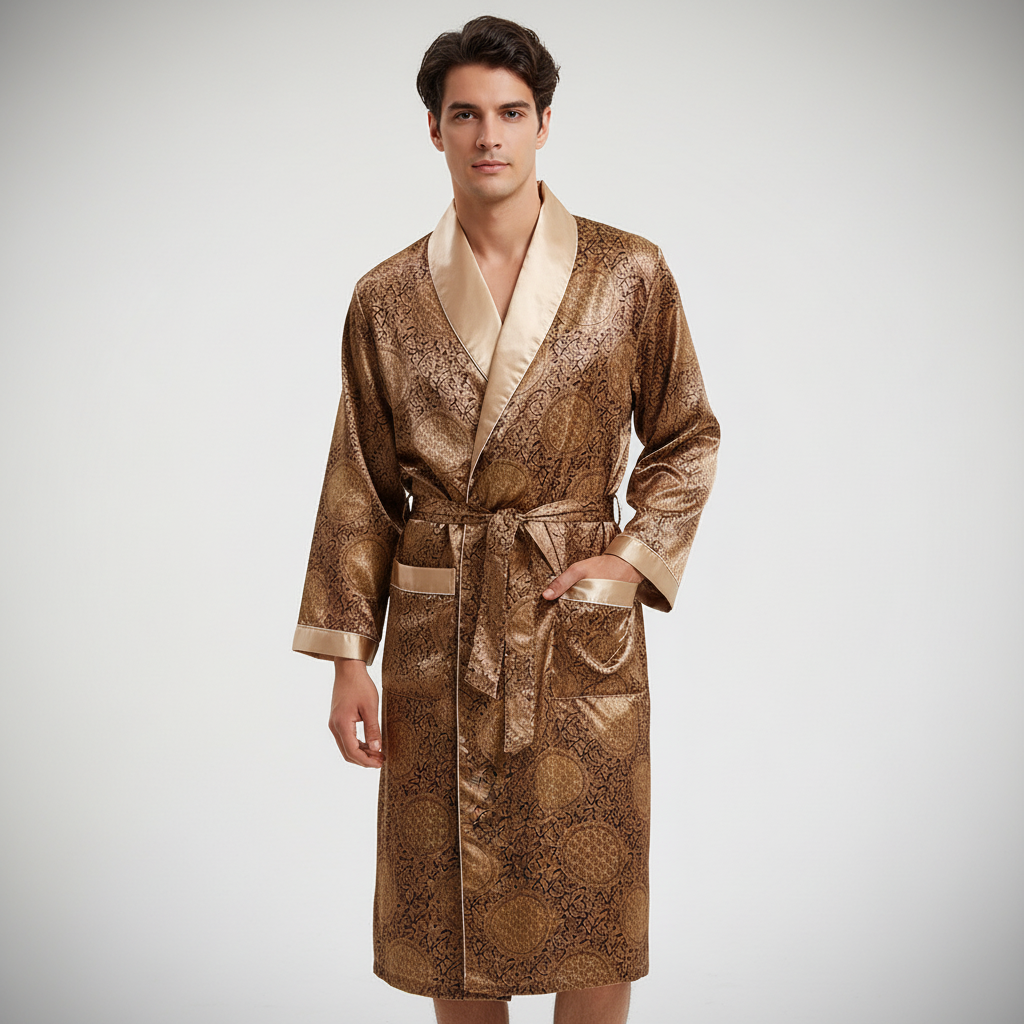 Men's luxury black satin embroidered robe, elegant loungewear for home comfort