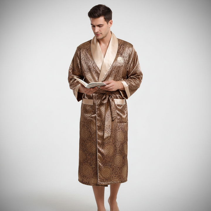 Full view of men's elegant black satin embroidered robe, ideal for loungewear