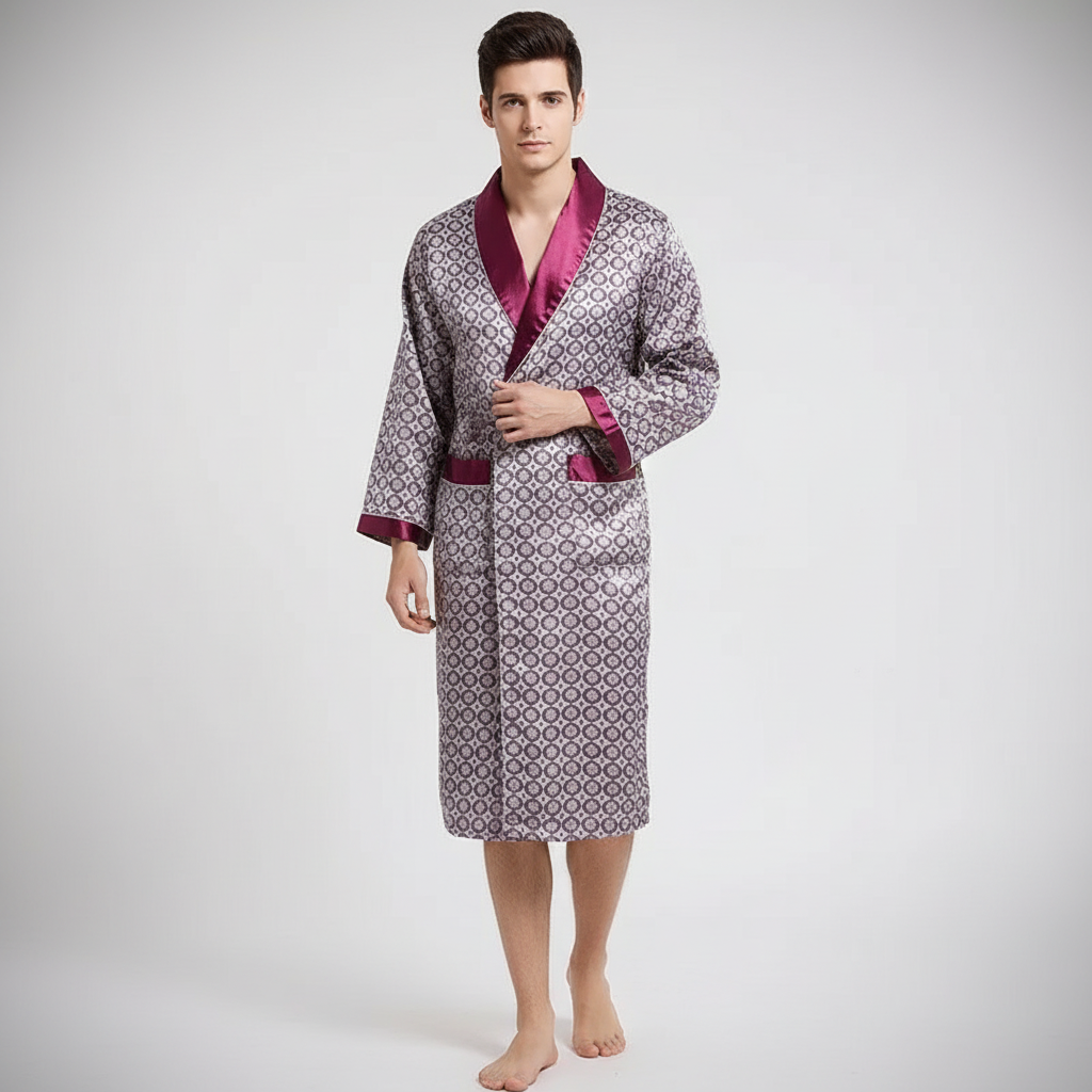 High-quality black satin bathrobe with intricate embroidery, Marius style for men